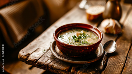 Hot hearty Italian soup Stracciatella alla romana, on the table in an old trattoria, lunch time after visiting popular historical places.