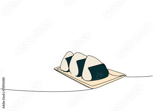 Sushi, Onigiri on Sushi geta, sushi slate plate, Japanese Rice Balls one line art. Continuous line drawing of sushi, japanese, food, roll, culture, tasty, restaurant, japan, asian, sea, menu