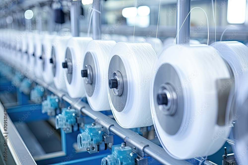 Production of fabric, silk fabrics. White fabric on the reels and during winding. Close-up Production of fabric, silk fabrics. White fabric on the reels and during winding. Close-up