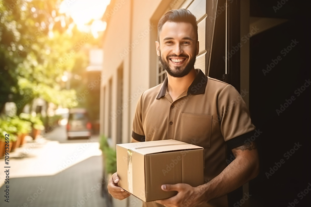 Delivery courier service. Delivery man in brown uniform holding a cardboard box delivering carton to door of customer home. Smiling young man postal delivery man delivering package. Delivery courier service. Delivery man in brown uniform holding a cardboard box delivering carton to door of customer home. Smiling young man postal delivery man delivering package.