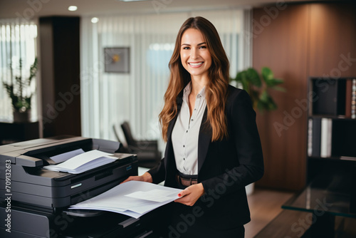 Office worker prints paper on multifunction laser printer. Document and paperwork concept. Secretary work. Smiling woman working in business office. Copy, print, scan, and fax machine. photo