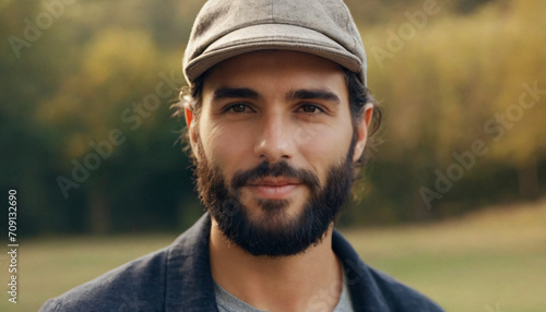 Young Handsome Man Smiling in Gray Shirt and Cap, Surrounded by Trees - Grey Eyes, Friendly Beard, Stylish Hat