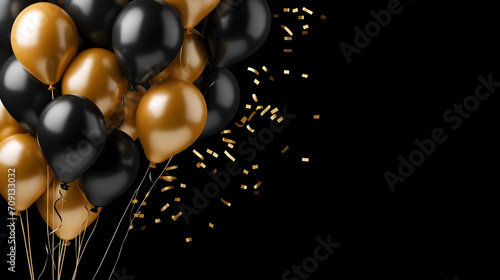 golden and black balloons and confetti for a holiday celebration like birthday anniversary. wallpaper background for ads or gifts wrap and web design.