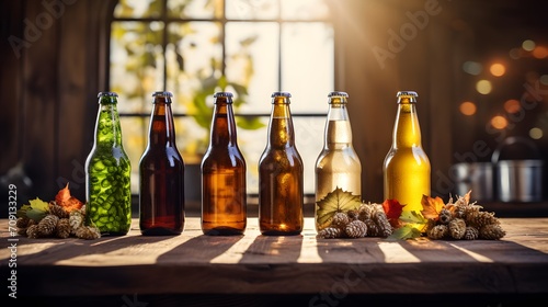 line of craft beer bottles on a rustic wooden surface, warmly lit by sunlight, with fresh hops in the foreground, suggesting a selection of fine ales ready for tasting