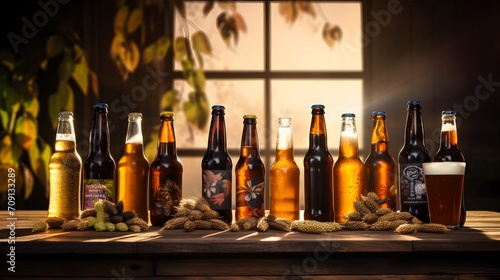 line of craft beer bottles on a rustic wooden surface  warmly lit by sunlight  with fresh hops in the foreground  suggesting a selection of fine ales ready for tasting