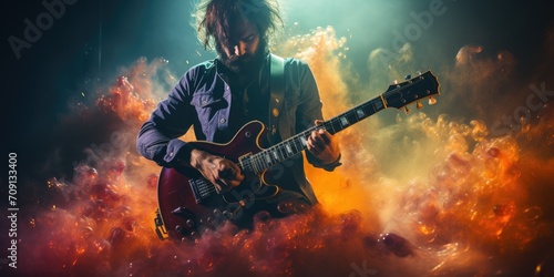 A musician passionately strums his guitar amidst a haze of smoke, captivating the audience with his musical prowess at the concert