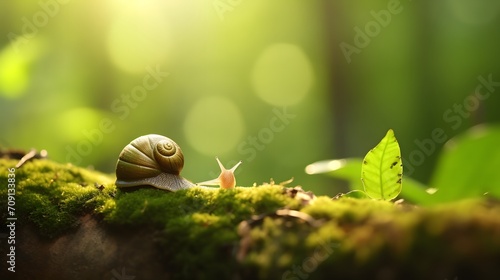 Little snail and green shamrock leaf in sun ray on forest background. Beautiful macro nature landscape.