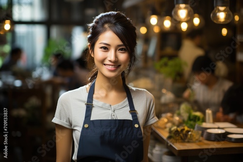 A woman with a warm smile stands confidently in an apron, transitioning from the indoors to the busy streets as she embraces her role as a skilled and fashionable cook