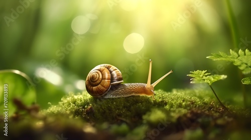 Little snail and green shamrock leaf in sun ray on forest background. Beautiful macro nature landscape.