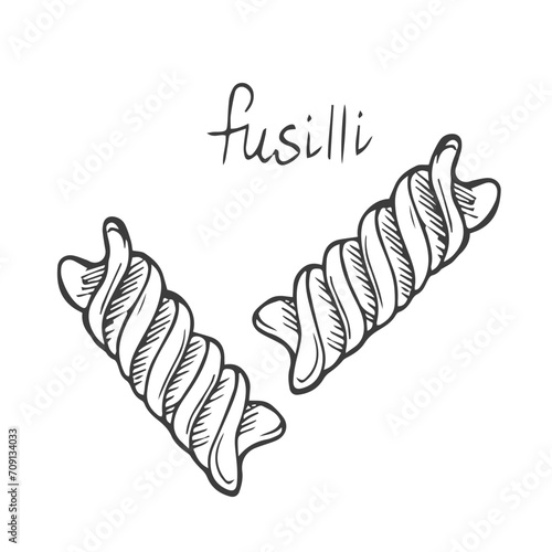 Pasta Fusilli sketch. Italian Food vector illustration. Vintage hand drawn doodle style. Black line cooking icon, isolated white background. Organic pasta Fusilli, corkscrew shape engraved graphic art