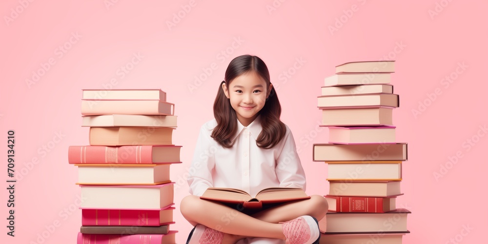 Elementary School Girl Sitting At Books. Elementary School Girl Sitting At Books.