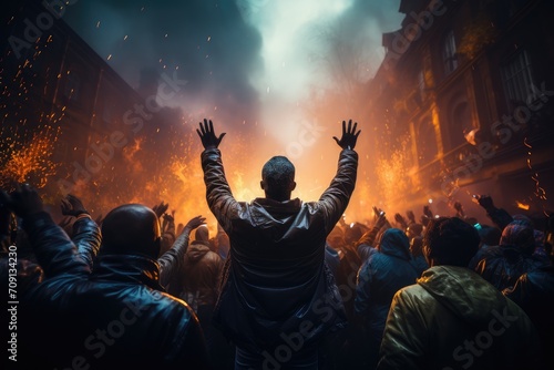 A group of passionate individuals igniting the night with their fiery spirits and fashion, eagerly anticipating the start of a concert with arms raised in unison