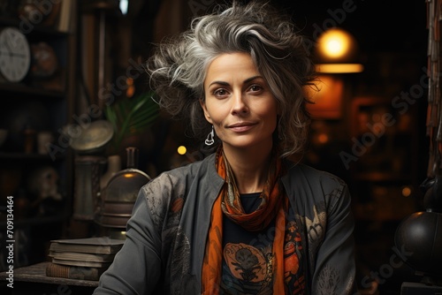 A stylish woman with a confident gaze wears a grey scarf  adding a touch of sophistication to her portrait as she stands indoors  showcasing her beautifully styled grey hair