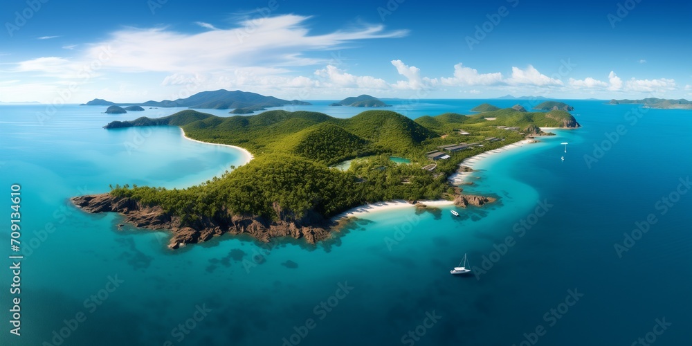 Island panoramic high angle aerial drone view