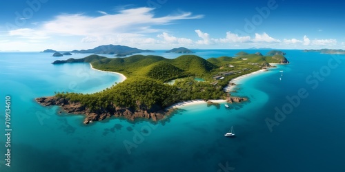 Island panoramic high angle aerial drone view