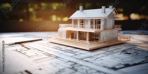 wooden house model stands on the drawings