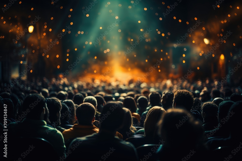 A diverse crowd gathers in a packed theater to experience the energy and passion of a concert, united by their love for music and the shared experience of being part of a live event - obrazy, fototapety, plakaty 