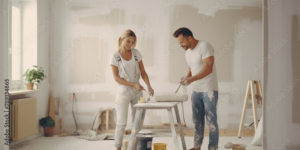 Young family couple doing renovations at home