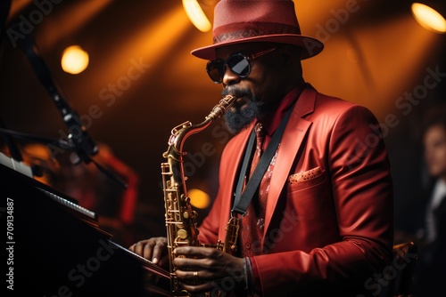 A dapper saxophonist captivates the crowd with his soulful melodies, dressed in a sharp fedora and stylish clothing at an indoor jazz concert