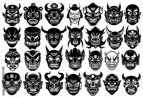 Yokai Demons Masks Silhouettes Vector Set Illustration Collection. Japanese Mythology Design Elements