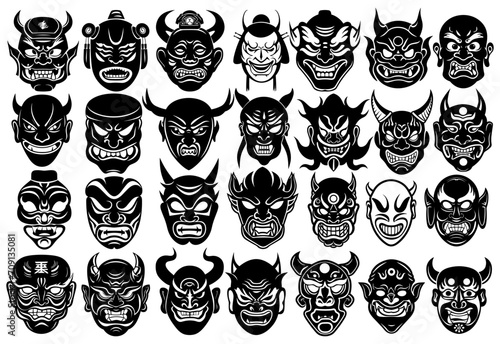 Yokai Demons Masks Silhouettes Vector Set Illustration Collection. Japanese Mythology Design Elements