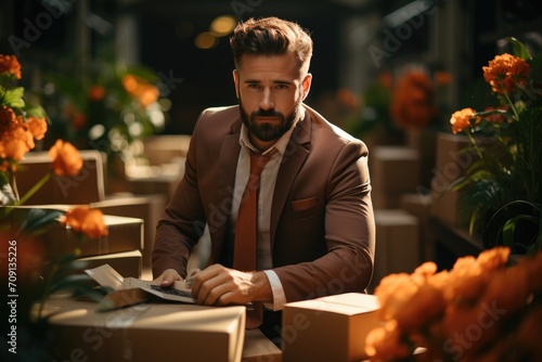 A dapper gentleman tends to a delicate indoor plant with the same care and precision as he does his own appearance, a beautiful contrast of masculine formality and natural beauty