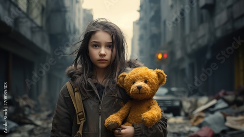 Ultra realistic , urban, air polluted, city street , girl with an oxygen mask. She is holding a withered yellow flower in her one hand and a torn, shabby teddy bear on the other hand.