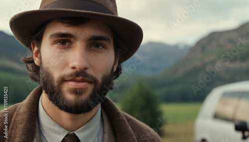 Young Man with Grey Eyes, Friendly Smile, Stylish Brown Hat, Longer Beard - Head and Shoulders Portrait