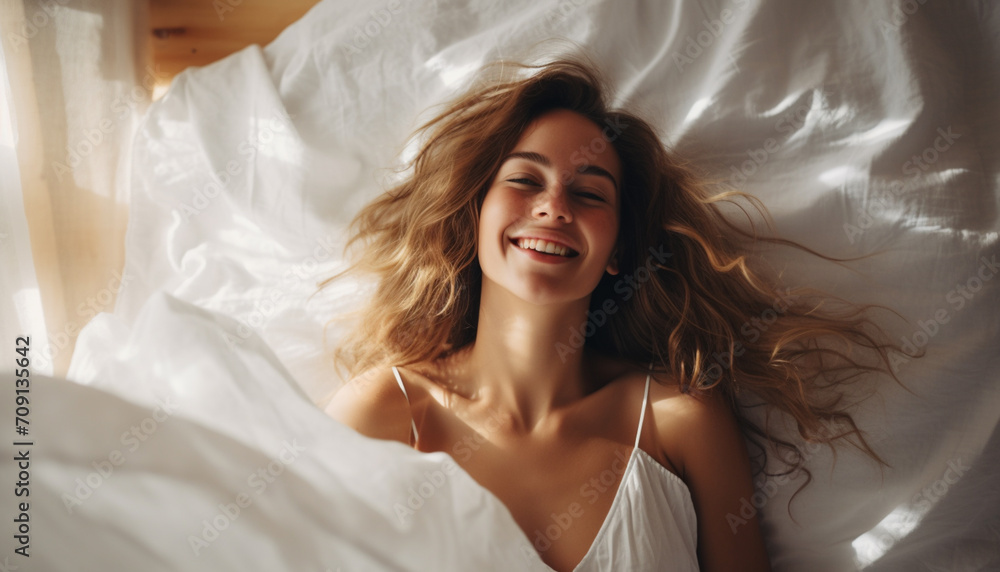 Beautiful young woman lying in bed at home. Girl smiling. Beautiful young woman lying in bed at home. Girl smiling.