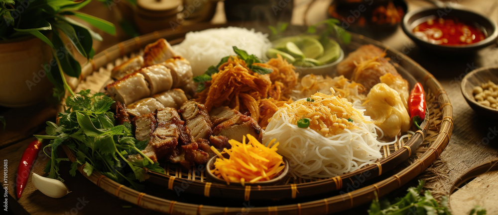 A sumptuous Vietnamese feast displays a harmony of grilled meats, rice noodles, and fresh herbs A sumptuous Vietnamese feast displays a harmony of grilled meats, rice noodles, and fresh herbs