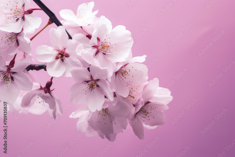 Cherry blossoms unfurl against a soft pink backdrop, a dance of delicate petals in spring's embrace