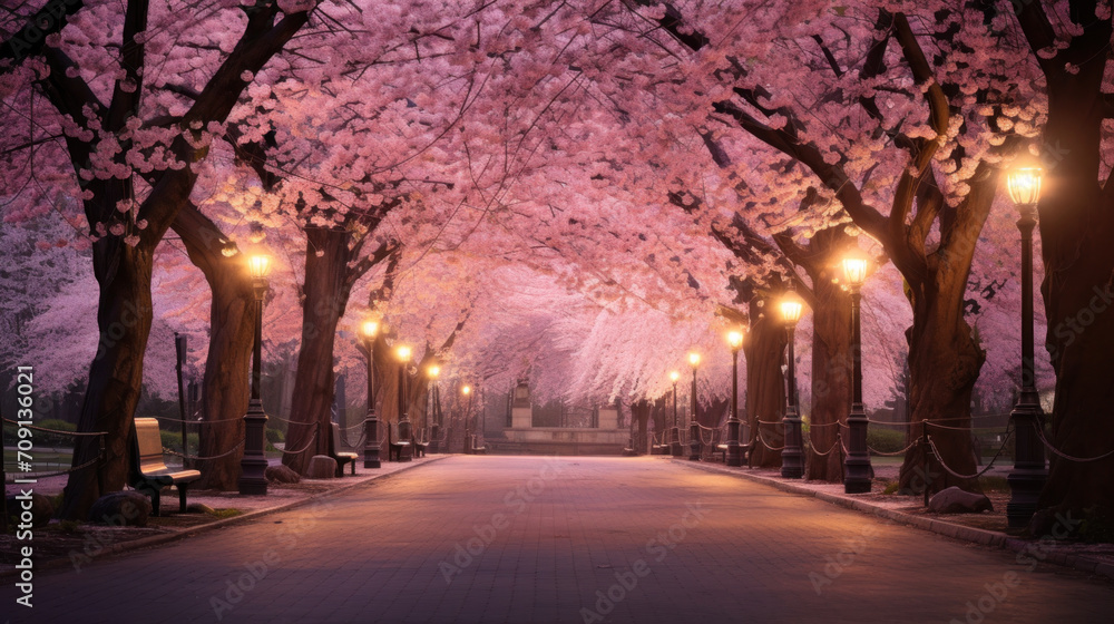 A serene cherry blossom avenue awakens in the ethereal pre-dawn light, inviting peaceful contemplation