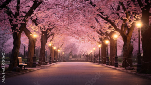 A serene cherry blossom avenue awakens in the ethereal pre-dawn light  inviting peaceful contemplation