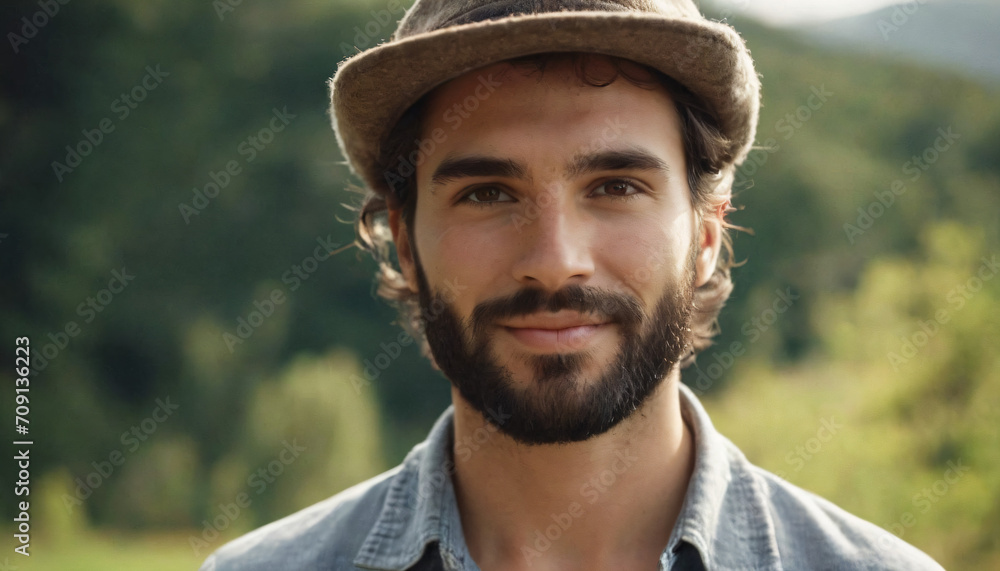 Young Man with Beard and Hat in Field - Grey-Eyed, Friendly Portrait