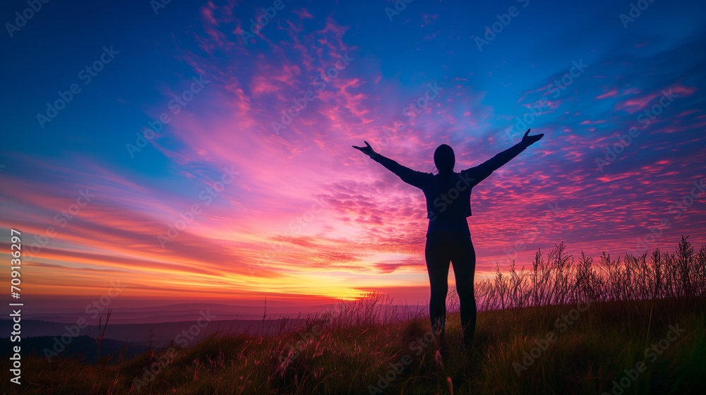 A man with his arms outstretched enjoys the sunset 