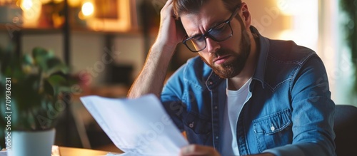 Upset business owner reading negative mail, concerned about taxes, debt, and money issues.