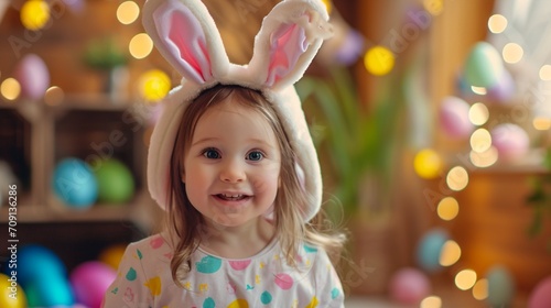  A child wearing an adorable Easter bunny costume, surrounded by festive decorations and painted eggs, the HD camera capturing the cuteness and charm of the festive celebration