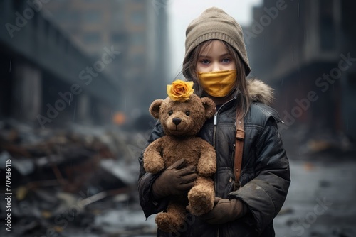 Ultra realistic , urban, air polluted, city street , girl with an oxygen mask. She is holding a withered yellow flower in her one hand and a torn, shabby teddy bear on the other hand. 