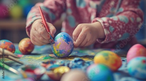 A close-up of a child's hands joyfully painting Easter eggs, the high-definition camera capturing the creativity and enthusiasm during the festive crafting activity.