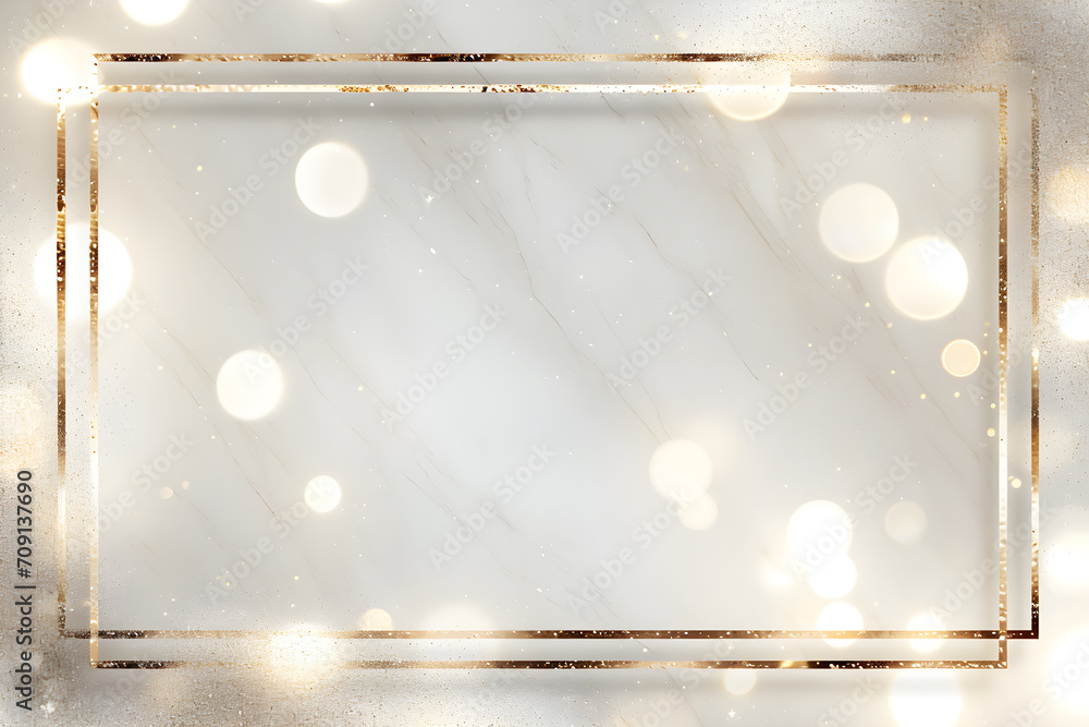 A marble background with a gold frame and sparkling glitter looks luxurious. - obrazy, fototapety, plakaty 