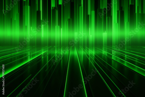 Geometric background with green neon light in technology concept.