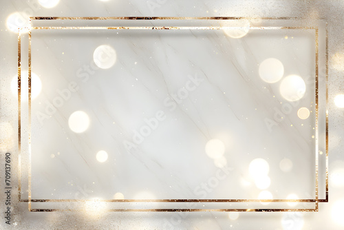 A marble background with a gold frame and sparkling glitter looks luxurious. photo