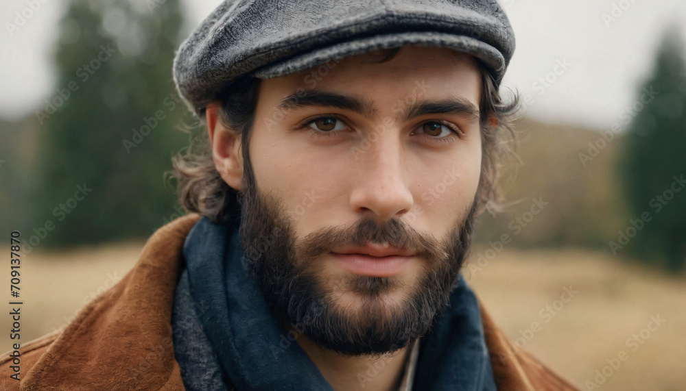 Young Man with Grey Eyes, Medium-Length Tousled Hair, Wearing a Hat, Friendly Smile Young Man with Grey Eyes, Medium-Length Tousled Hair, Wearing a Hat, Friendly Smile