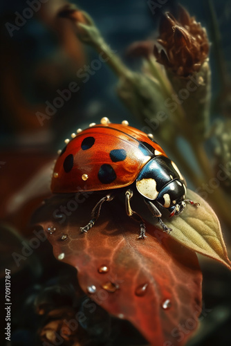 Ladybug on the flower, realistic photography, dynamic background created with Generative Ai © Andrii Yablonskyi