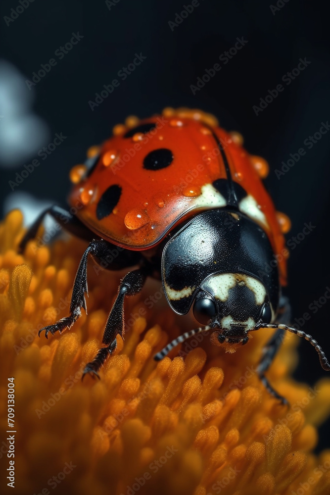 Fototapeta premium Ladybug on the flower, realistic photography, dynamic background created with Generative Ai