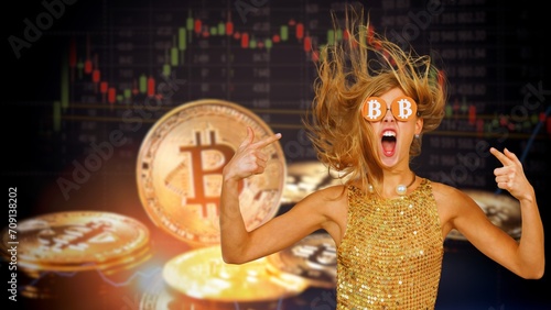 Girl with bitcoins coins in her eyes profit with a candle chart background and a big coin photo