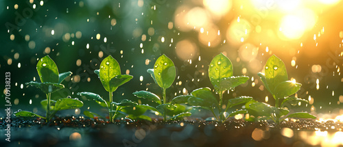 Plant saplings growing scene during rain season, Arbor Day concept illustration