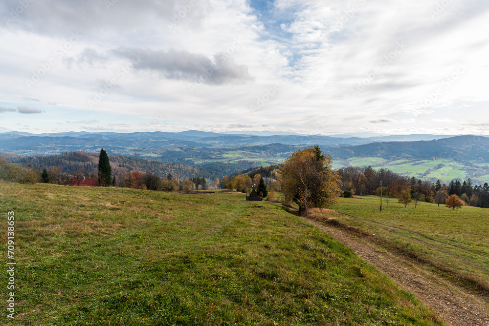 View from Bahenec in Slezske Beskydy mountains in Czech republic