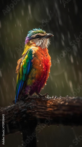 Imagine a small bird, battered by a storm, continuing its flight despite the fierce winds and pelting rain created with Generative Ai
