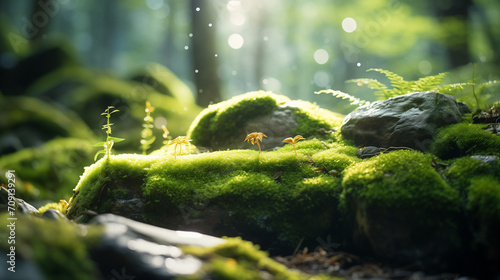 Flora Background of the forest  a heavily-detailed and real photo of moss growing on a stone  sunlight falling from behind  Canon EOS. Ideal for wallpapers  Backgrounds  and High-Quality Prints